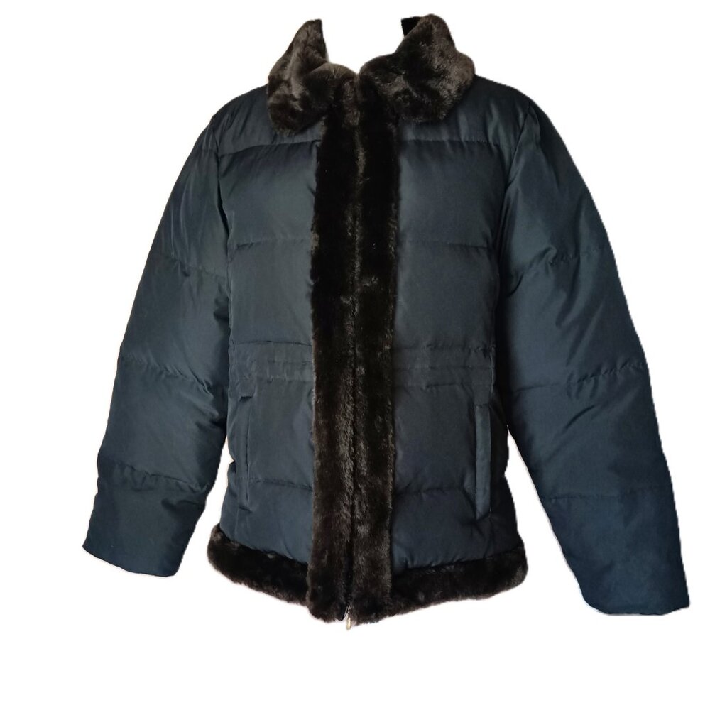 Puffer Quilted Down Short Car Coat Faux Fur Trim Black Zipper Close Pockets Med